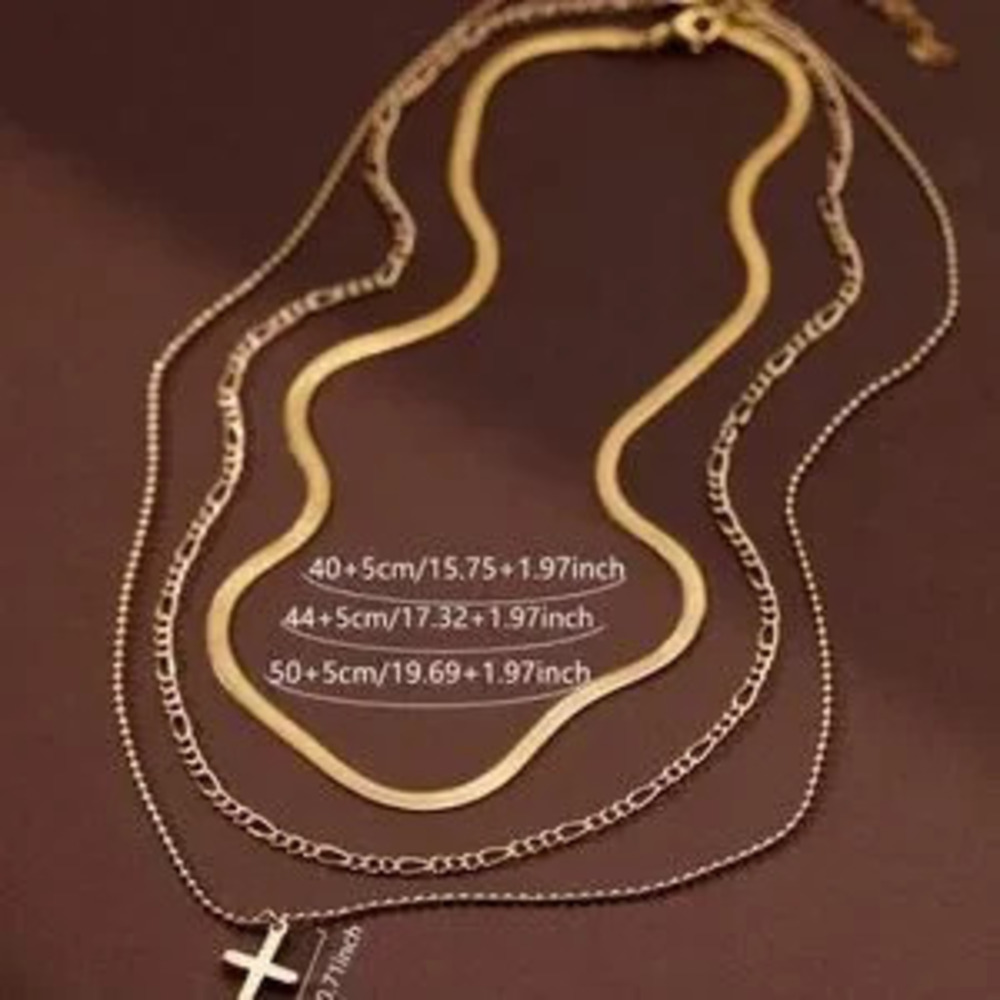 Gold Plated Stainless Steel 3pc Cross Herringbone Necklace Set - Picture 4 of 4